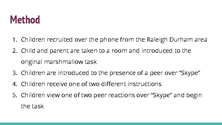 Method 1. Children recruited over the phone from the Raleigh Durham area 2. Child Method 1. Children recruited over the phone from the Raleigh Durham area 2. Child