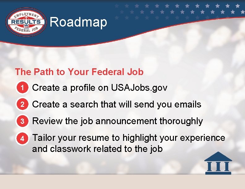 Roadmap The Path to Your Federal Job 1 Create a profile on USAJobs. gov