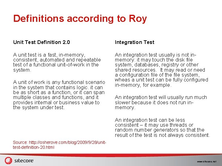 Definitions according to Roy Unit Test Definition 2. 0 Integration Test A unit test Definitions according to Roy Unit Test Definition 2. 0 Integration Test A unit test