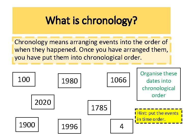 What is chronology? Chronology means arranging events into the order of when they happened. What is chronology? Chronology means arranging events into the order of when they happened.