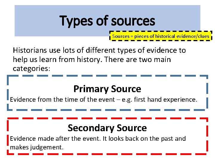 Types of sources Sources = pieces of historical evidence/clues Historians use lots of different Types of sources Sources = pieces of historical evidence/clues Historians use lots of different