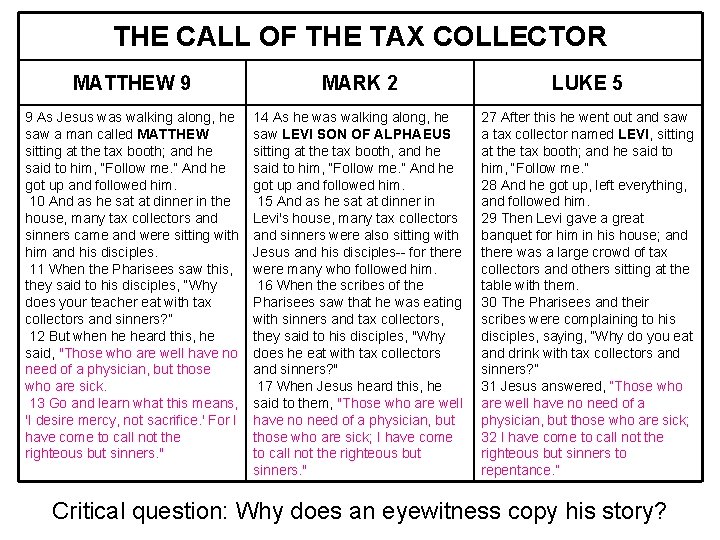 THE CALL OF THE TAX COLLECTOR MATTHEW 9 MARK 2 LUKE 5 9 As