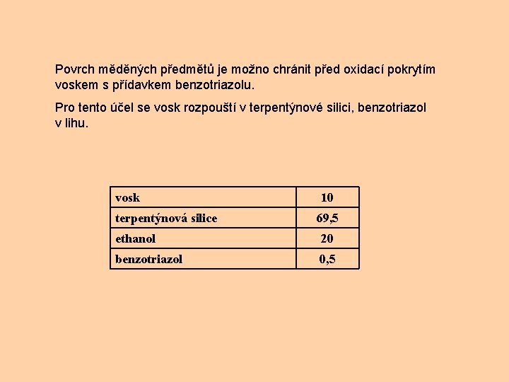 Povrch měděných předmětů je možno chránit před oxidací pokrytím voskem s přídavkem benzotriazolu. Pro