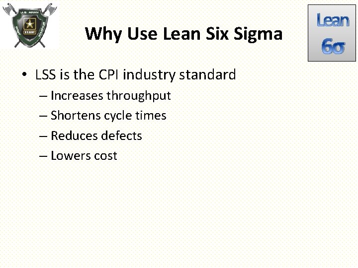 Why Use Lean Six Sigma • LSS is the CPI industry standard – Increases