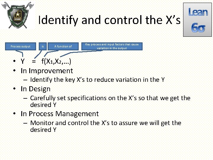 Identify and control the X’s Process output is A function of Lean Key process