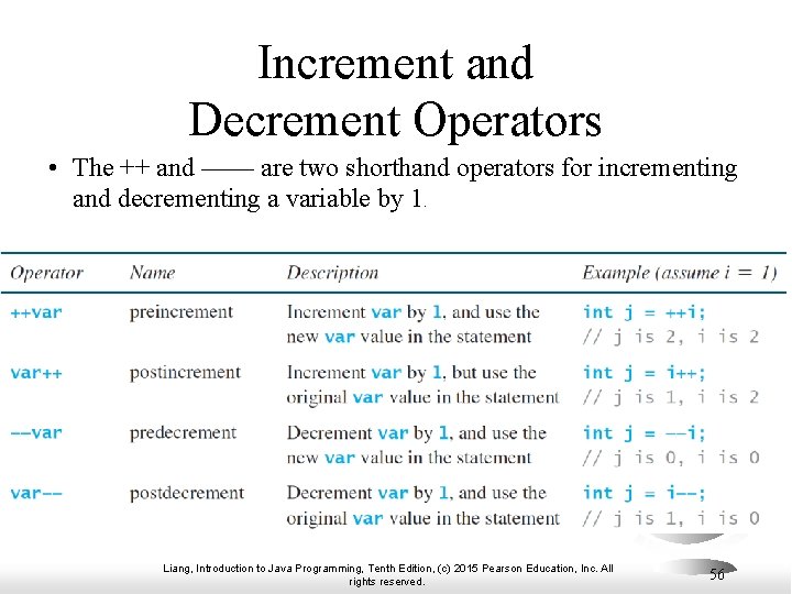 Increment and Decrement Operators • The ++ and —— are two shorthand operators for Increment and Decrement Operators • The ++ and —— are two shorthand operators for