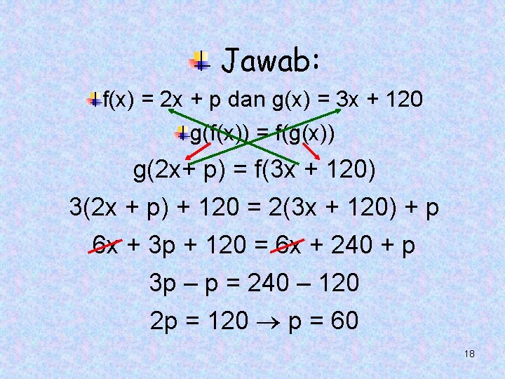 Jawab: f(x) = 2 x + p dan g(x) = 3 x + 120 Jawab: f(x) = 2 x + p dan g(x) = 3 x + 120