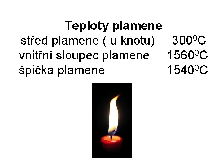 Teploty plamene střed plamene ( u knotu) 3000 C vnitřní sloupec plamene 15600 C