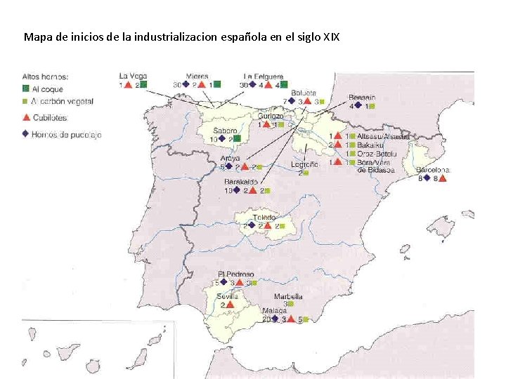 Mapa de inicios de la industrializacion española en el siglo XIX 