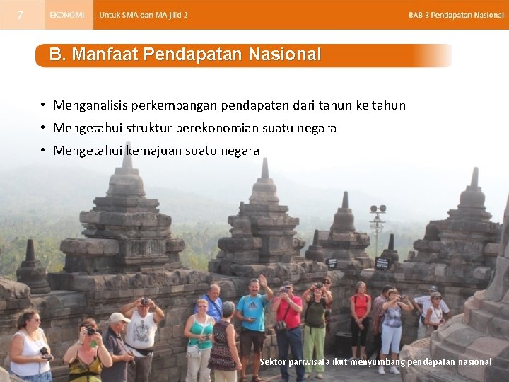 7 B. Manfaat Pendapatan Nasional • Menganalisis perkembangan pendapatan dari tahun ke tahun •