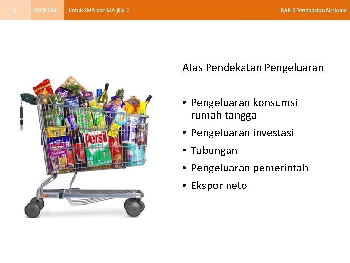 9 Atas Pendekatan Pengeluaran • Pengeluaran konsumsi rumah tangga • Pengeluaran investasi • Tabungan