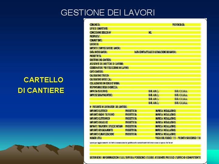 GESTIONE DEI LAVORI CARTELLO DI CANTIERE GESTIONE DEI LAVORI CARTELLO DI CANTIERE