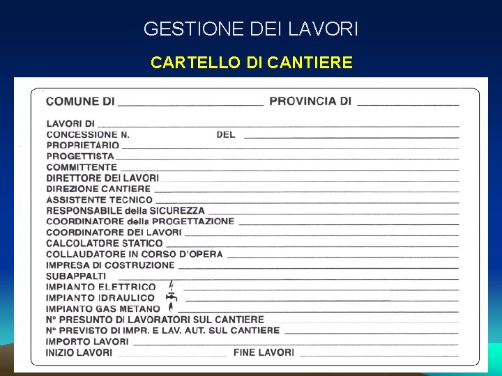 GESTIONE DEI LAVORI CARTELLO DI CANTIERE GESTIONE DEI LAVORI CARTELLO DI CANTIERE