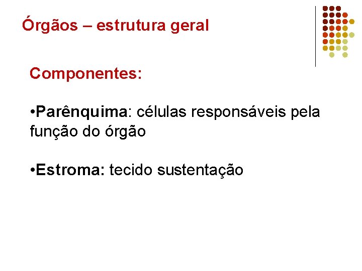 Órgãos – estrutura geral Componentes: • Parênquima: células responsáveis pela função do órgão •