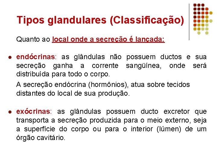 Tipos glandulares (Classificação) Quanto ao local onde a secreção é lançada: l endócrinas: as