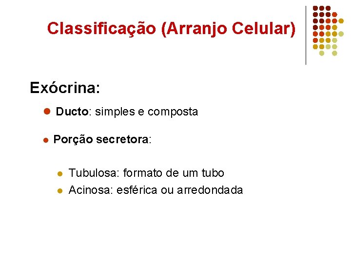Classificação (Arranjo Celular) Exócrina: l Ducto: simples e composta l Porção l l secretora: