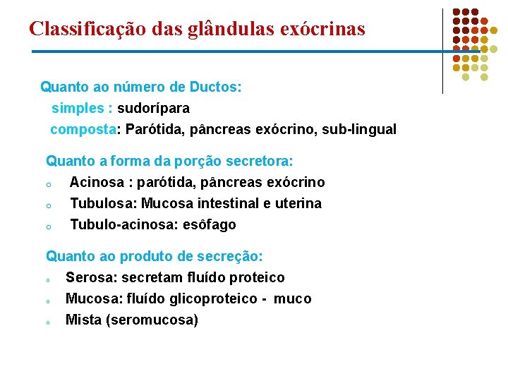 Classificação das glândulas exócrinas Quanto ao número de Ductos: simples : sudorípara composta: Parótida,