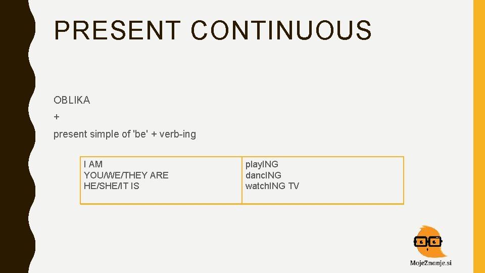 PRESENT CONTINUOUS OBLIKA + present simple of 'be' + verb-ing I AM YOU/WE/THEY ARE