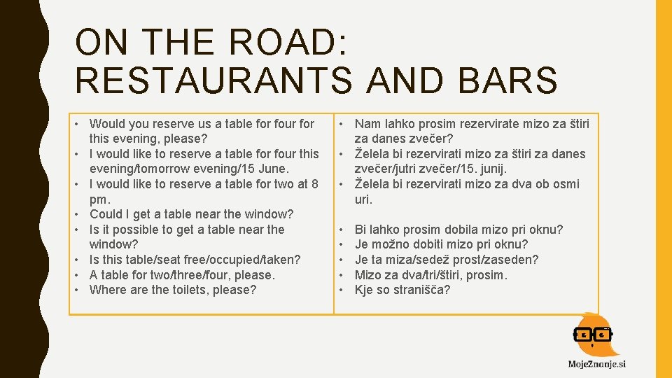 ON THE ROAD: RESTAURANTS AND BARS • Would you reserve us a table for