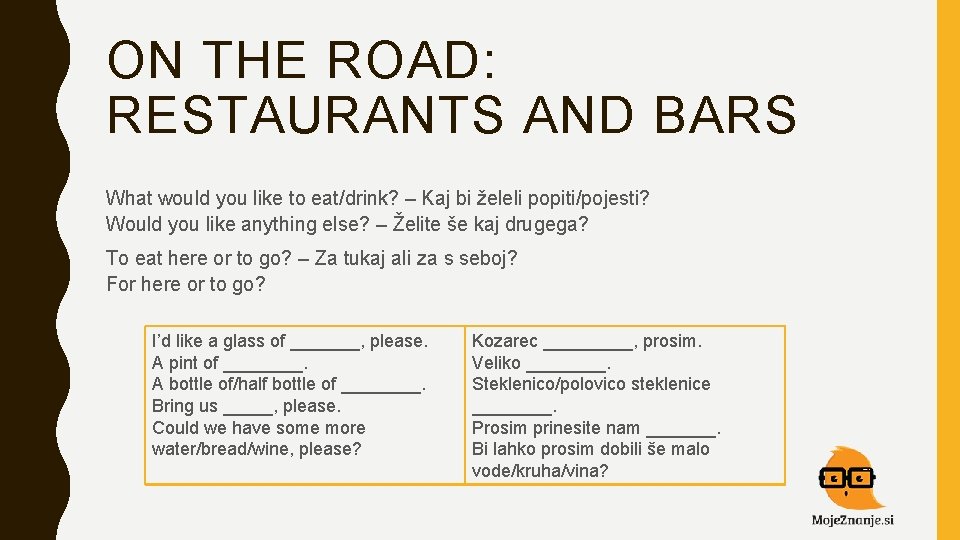 ON THE ROAD: RESTAURANTS AND BARS What would you like to eat/drink? – Kaj