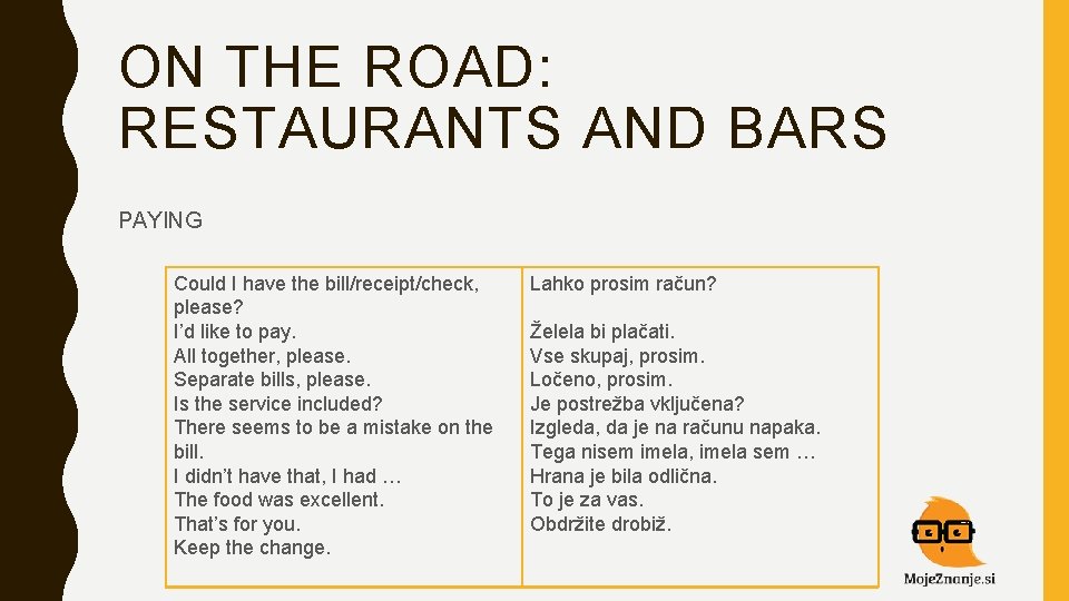 ON THE ROAD: RESTAURANTS AND BARS PAYING Could I have the bill/receipt/check, please? I’d