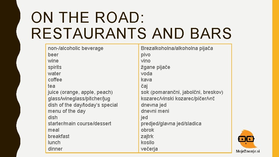 ON THE ROAD: RESTAURANTS AND BARS non-/alcoholic beverage beer wine spirits water coffee tea