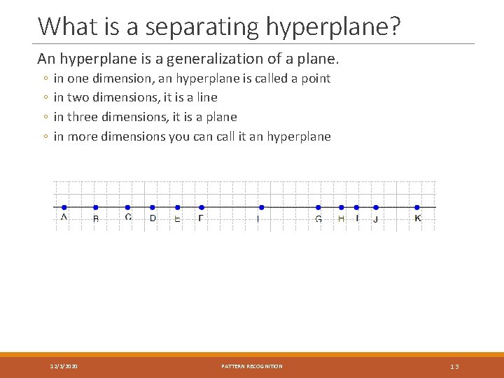 What is a separating hyperplane? An hyperplane is a generalization of a plane. ◦