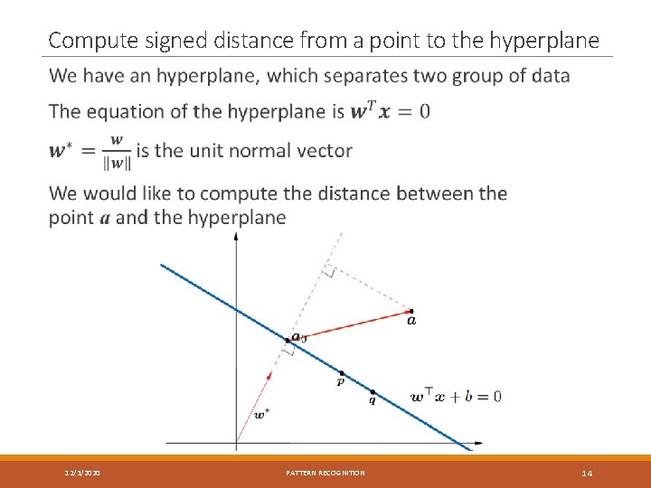 Compute signed distance from a point to the hyperplane 12/3/2020 PATTERN RECOGNITION 14 