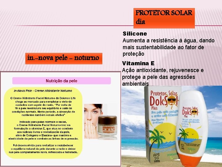 PROTETOR SOLAR dia in. -nova pele - noturno Silicone Aumenta a resistência á água,