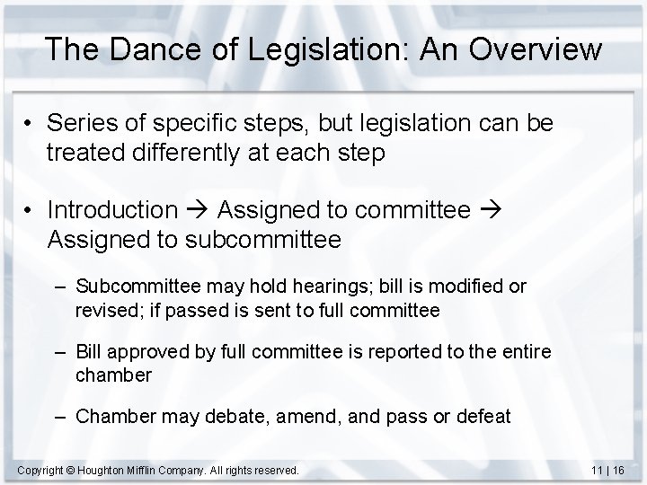 The Dance of Legislation: An Overview • Series of specific steps, but legislation can
