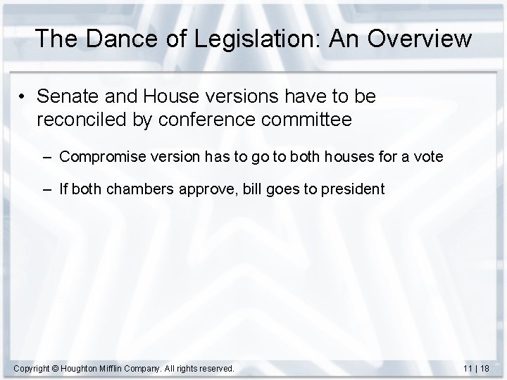 The Dance of Legislation: An Overview • Senate and House versions have to be