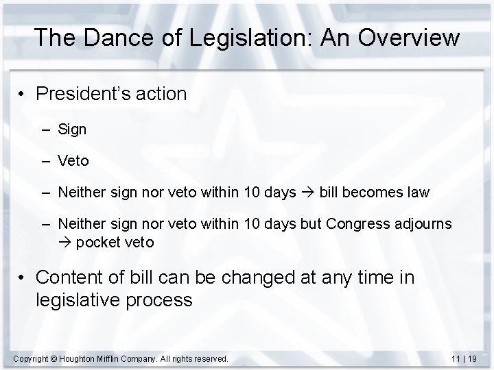 The Dance of Legislation: An Overview • President’s action – Sign – Veto –