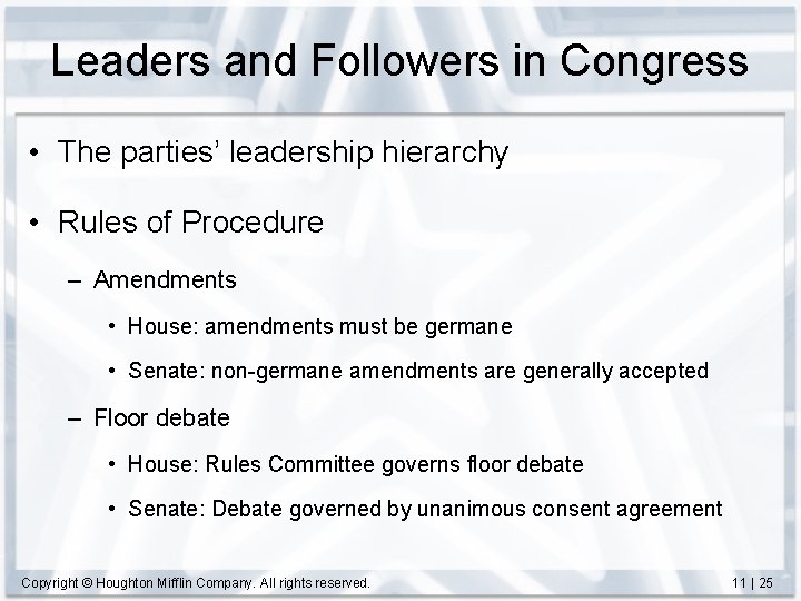Leaders and Followers in Congress • The parties’ leadership hierarchy • Rules of Procedure