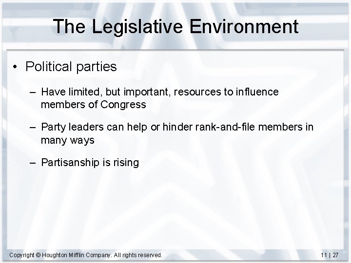 The Legislative Environment • Political parties – Have limited, but important, resources to influence
