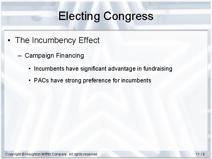Electing Congress • The Incumbency Effect – Campaign Financing • Incumbents have significant advantage