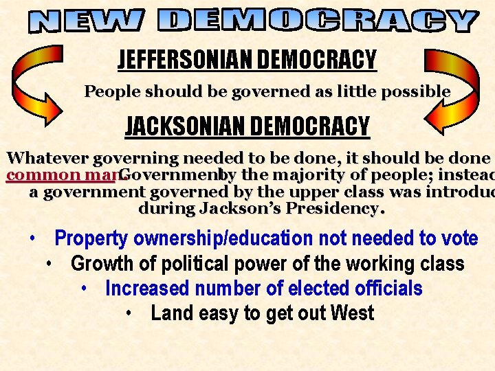 New Democracy JEFFERSONIAN DEMOCRACY People should be governed as little possible JACKSONIAN DEMOCRACY Whatever