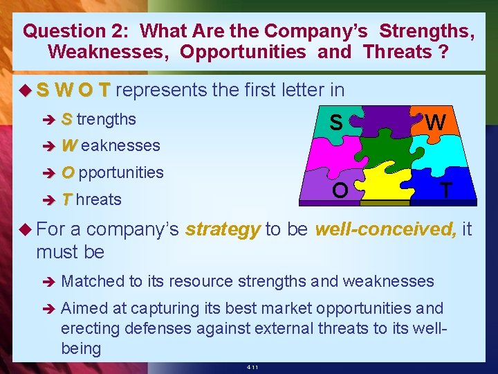 Question 2: What Are the Company’s Strengths, Weaknesses, Opportunities and Threats ? u S