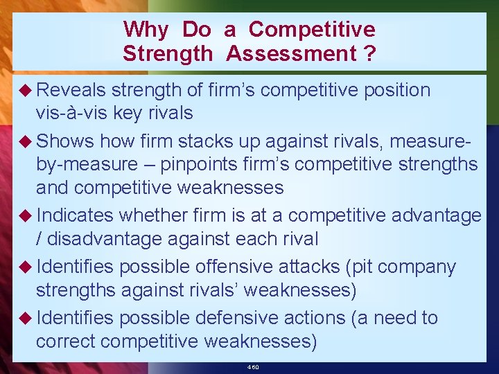 Why Do a Competitive Strength Assessment ? u Reveals strength of firm’s competitive position