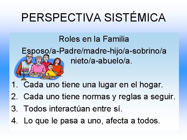 PERSPECTIVA SISTÉMICA Roles en la Familia Esposo/a-Padre/madre-hijo/a-sobrino/a nieto/a-abuelo/a. 1. 2. 3. 4. Cada uno