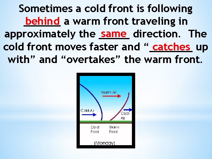 Sometimes a cold front is following behind a warm front traveling in ______ same