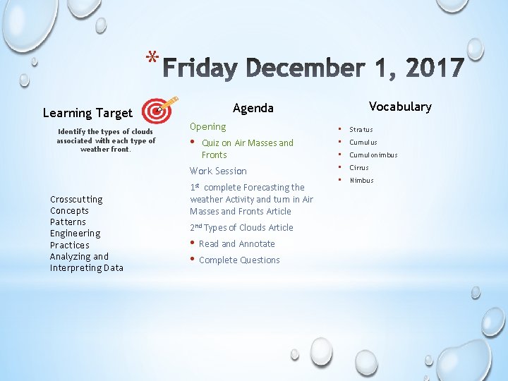 * Identify the types of clouds associated with each type of weather front. Opening