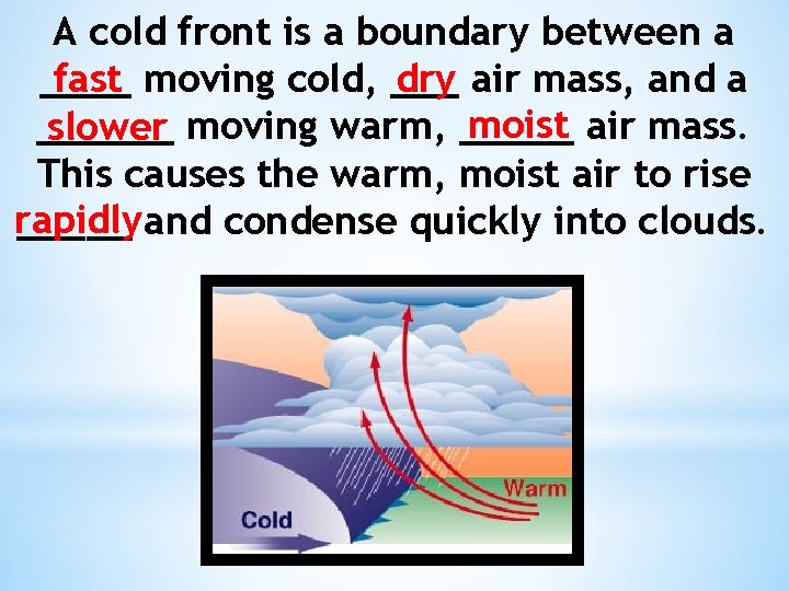 A cold front is a boundary between a fast moving cold, ___ dry air