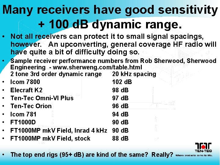 Many receivers have good sensitivity + 100 d. B dynamic range. • Not all