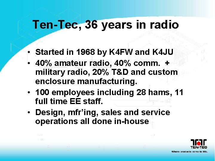 Ten-Tec, 36 years in radio • Started in 1968 by K 4 FW and Ten-Tec, 36 years in radio • Started in 1968 by K 4 FW and