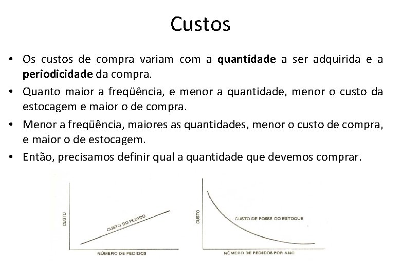 Custos • Os custos de compra variam com a quantidade a ser adquirida e Custos • Os custos de compra variam com a quantidade a ser adquirida e