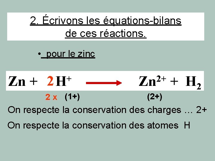 2. Écrivons les équations-bilans de ces réactions. • pour le zinc + 2 Zn 2. Écrivons les équations-bilans de ces réactions. • pour le zinc + 2 Zn
