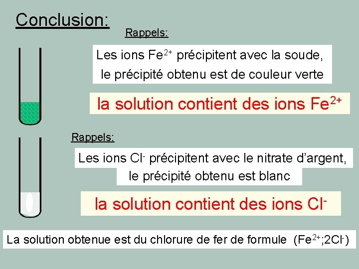 Conclusion: Rappels: Les ions Fe 2+ précipitent avec la soude, le précipité obtenu est Conclusion: Rappels: Les ions Fe 2+ précipitent avec la soude, le précipité obtenu est