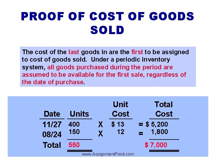 PROOF OF COST OF GOODS SOLD The cost of the last goods in are