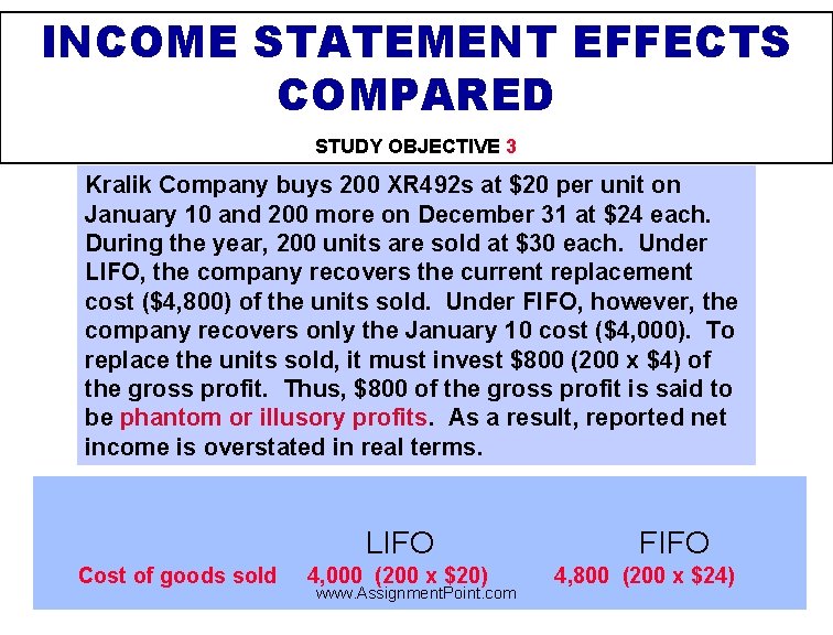 INCOME STATEMENT EFFECTS COMPARED STUDY OBJECTIVE 3 Kralik Company buys 200 XR 492 s