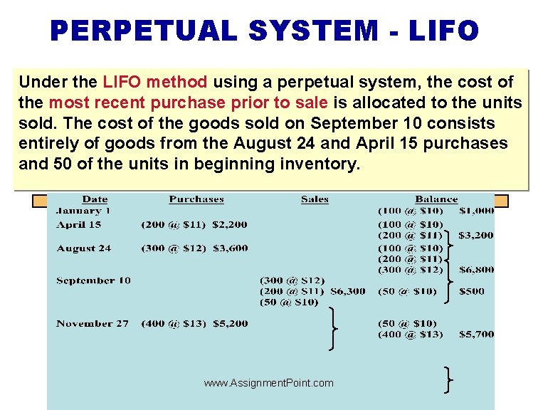 PERPETUAL SYSTEM - LIFO Under the LIFO method using a perpetual system, the cost